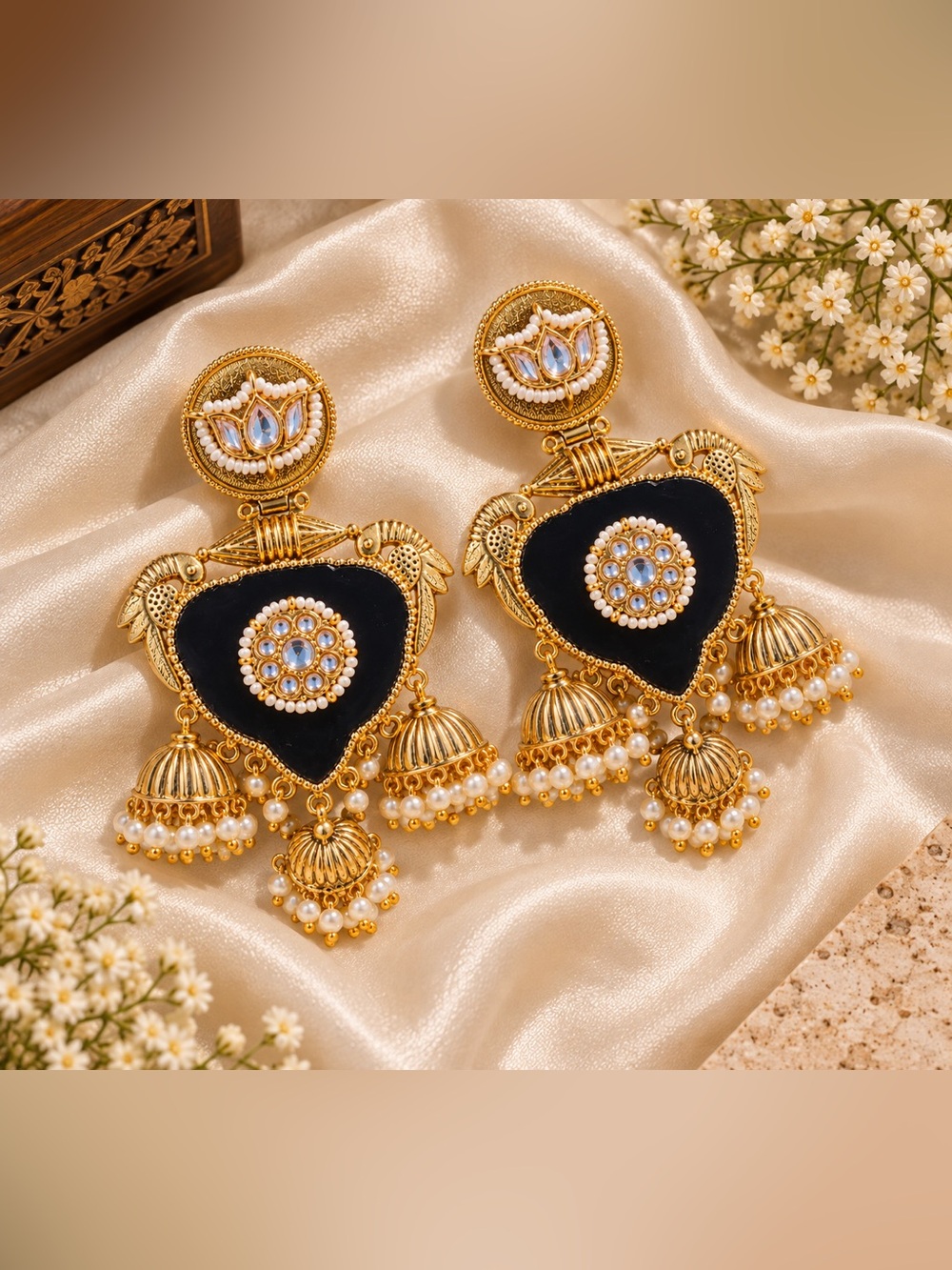 Gold-Tone Black and Pearl Jhumka Earrings